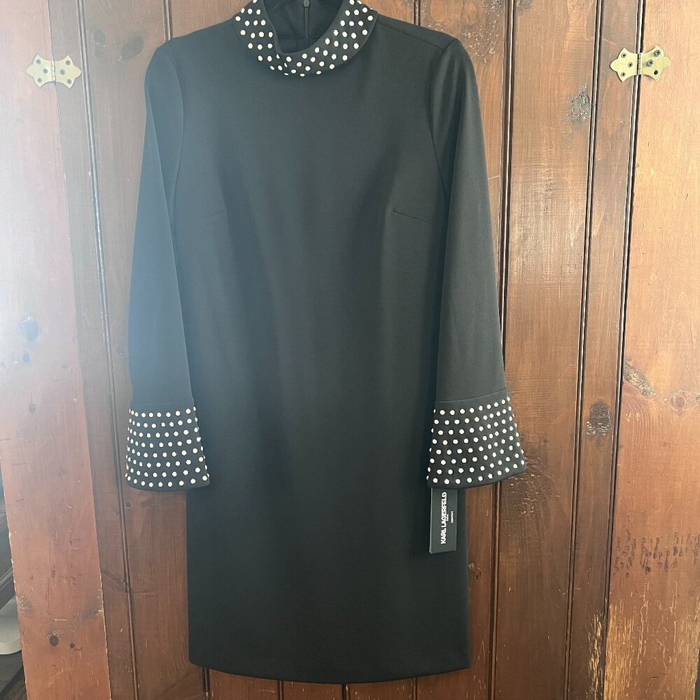 NWT Karl Lagerfeld Paris Faux Pearl Studded Mock Neck Dress